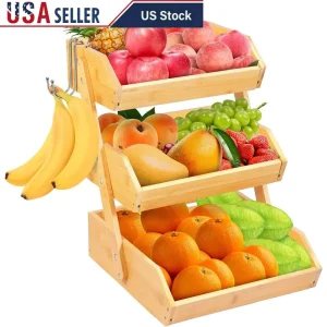 Bamboo 3-Tier Fruit Basket with Banana Hooks