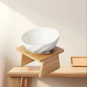 Natural Wooden Frame Elevated Cat Bowl