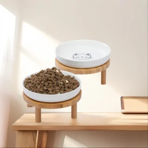 Natural Bamboo Stand Raised Ceramic Cat Bowl