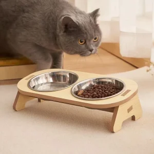 Natural Wooden Stand Double Stainless Steel Cat Bowl