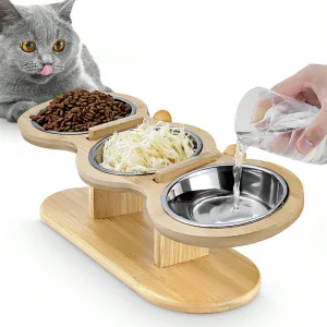 Sustainable Wooden 3-Bowl Raised Pet Feeder